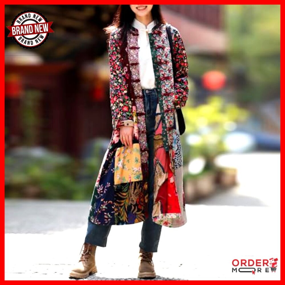 Oversized Cotton Linen Patchwork Jacket Raglan Sl… - image 2